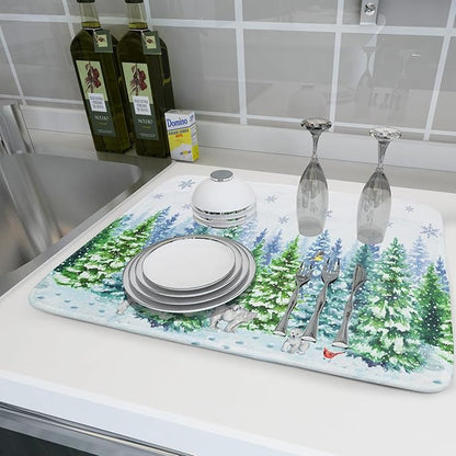 Winter Bear Bird Dish Drying Mat - Welcome Christmas Snowflake Drying Pad for Counter Forest Wildlife Dish Drainer Mat Cabin Animal Kitchen Accessories 18 x 24 Inch