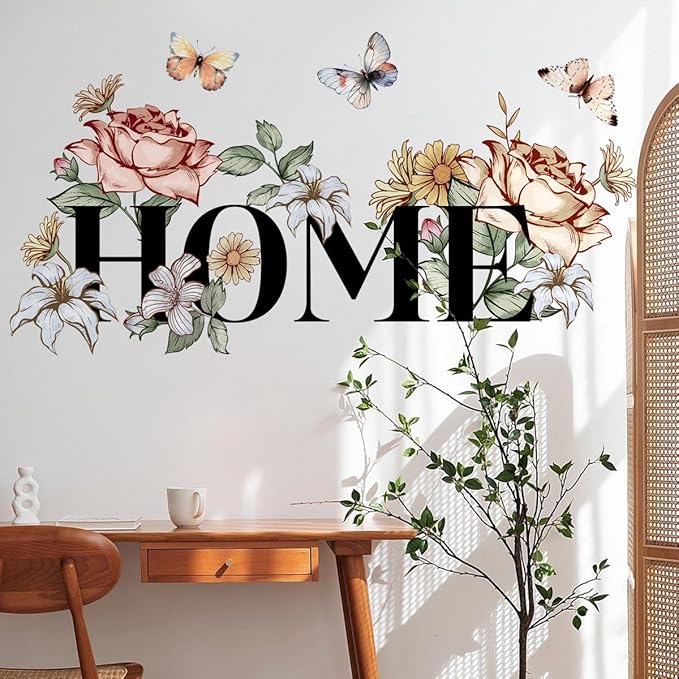 Home Floral and Butterfly Wall Stickers Waterproof Peel and Stick Removable Wall Decals for Bedroom Living Room Bathroom