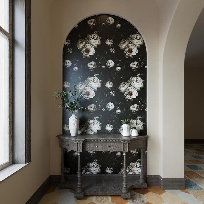 Laatse Dark Wallpapr Peel and Stick Boho Wallpaper 17.5in x 393in Black Floral Contact Paper Waterproof Self Adhesive Vintage Large Floral Wall Paper for Bedroom Walls Cabinet Decor