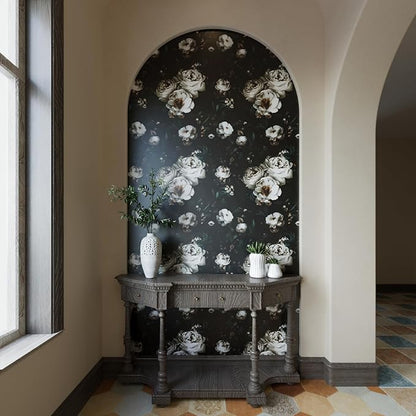 Laatse Dark Wallpapr Peel and Stick Boho Wallpaper 17.5in x 393in Black Floral Contact Paper Waterproof Self Adhesive Vintage Large Floral Wall Paper for Bedroom Walls Cabinet Decor