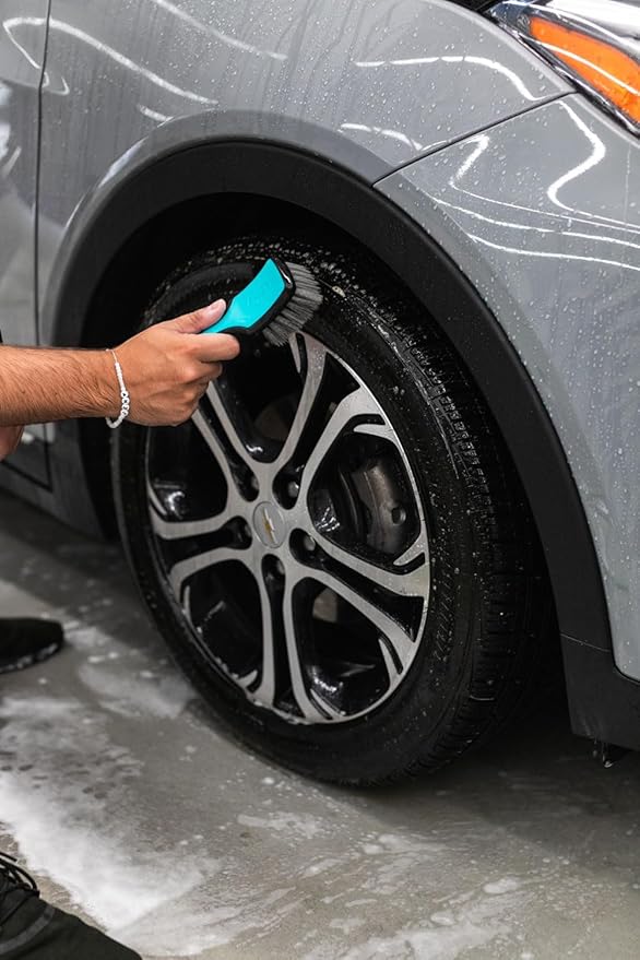 Detail Factory - ProGrip Tire Brush - Ergonomic ProGrip Handle, Stiff Synthetic Bristles, Ergonomic Design, Clean Your Tires with Ease - Octane Riptide