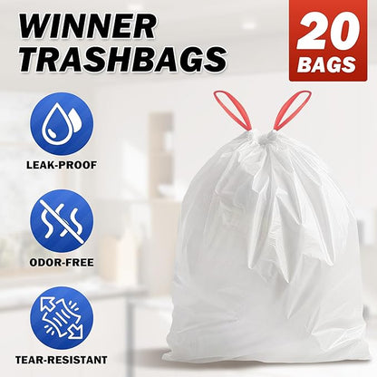 WINNER Trash Bags 13 Gallon, 20 Count Drawstring Tall Kitchen Garbage Bags, Unscented White Recycling Bags, Trash Can Wastebasket Bin Liners House Essentials for Bathroom Apartment Home and Kitchen