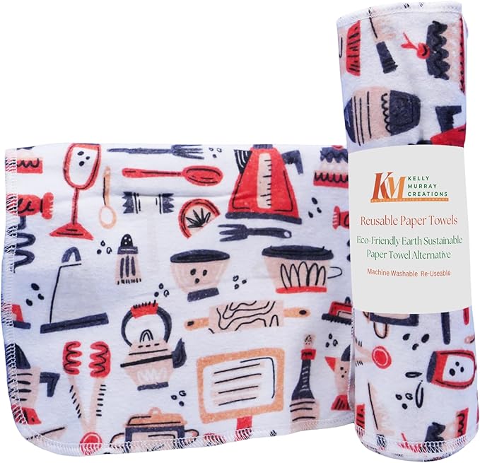 Pack of 10 Reusable Paper Towels | 10x10 Inch Cotton Towels | Kitchen Utensils Print | Eco Friendly, Washable, Quick Drying | Sustainable Cleaning Cloths | Kitchen Utensils