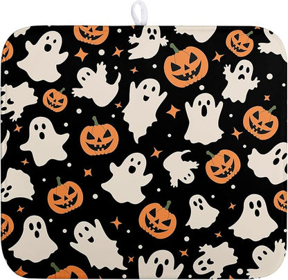 Halloween Dish Drying Mat for Kitchen Counter Pumpkin Spooky Ghosts Fall Dish Mat Absorbent Microfiber Reversible Dish Draining Mat Medium Dishes Pad 16 X 18 Inch