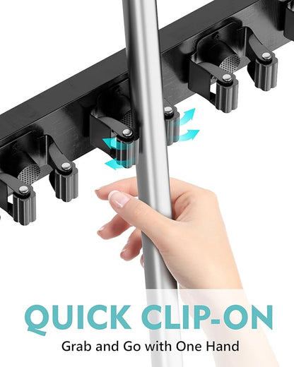 Mop and Broom Holder Wall Mount, No Drill Over the Door Broom and Mop Holder with 4 Slots and 4 Hooks, Wood Tool Hanger for Laundry, Cabinet, Kitchen, Garage