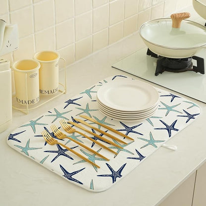 Coastal Dish Drying Mat 18x24 Inch Summer Navy Blue Teal Turquoise Starfish Summer Drying Mat Nautical Beach Ocean Absorbent Dish Drying Pad Dish Rack Drainer Mats for Kitchen Dining Counter