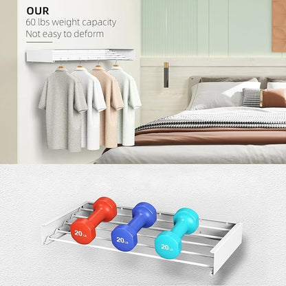 Laundry Drying Rack Collapsible, Wall Mounted Clothes Drying Rack, Space Saving Drying Rack for Laundry, 40" Wide, 16.5 Linear Ft, 5 Aluminum Rods, 60 lb Capacity (White 40")