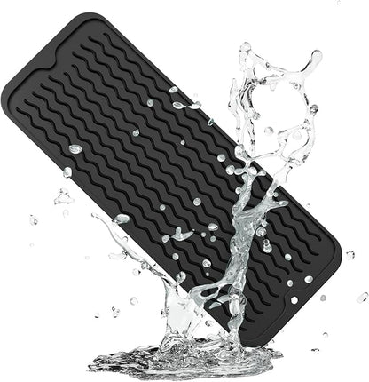 ZLR Silicone Sponge Holder & Sink Caddy Tray (6" x 17") - Narrow Dish Drying Mat for Kitchen Counter - Waterproof Soap Dispenser Organizer, Non-Slip Bathroom Vanity Tray (Black)