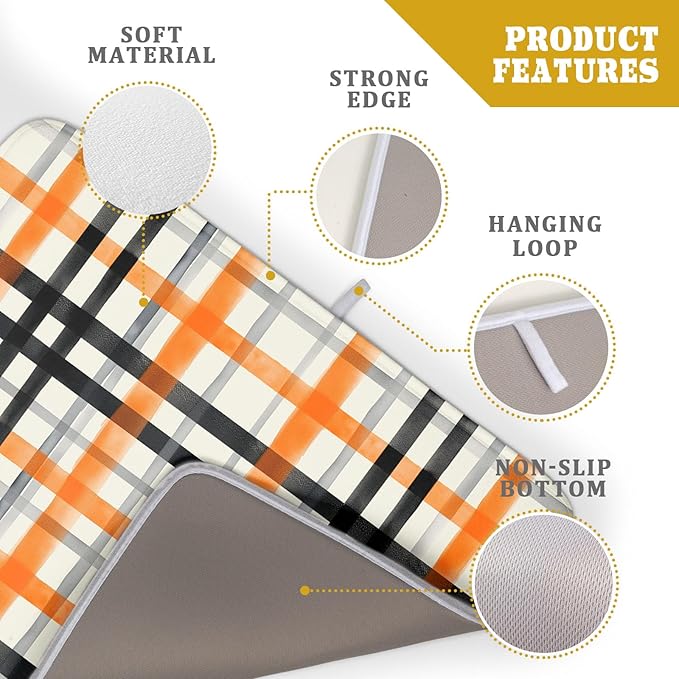 Fall Orange Black Buffalo Plaid Dish Drying Mat 18 x 24 Inch With Absorbent Reversible Microfiber Thanksgiving Autumn Halloween Drying Mats Dish Drainer Mat Fast Dry For Kitchen Dining Room Decor