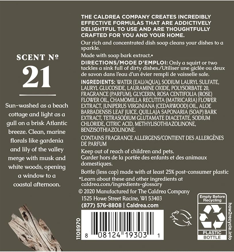 Caldrea Dish Soap, Biodegradable Dishwashing Liquid Made with Soap Bark and Aloe Vera, Rosewater Driftwood Scent, 16 oz