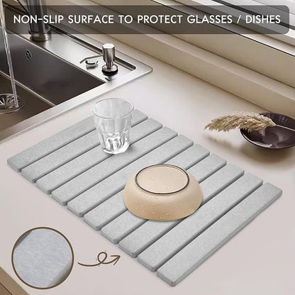 Large Stone Dish Drying Mat for Kitchen Counter, 24"(L)×16"(W), Collapsible Quick Dry Dish Drying Mat, Ultra Absorbent Diatomaceous Earth Mats for Dishes Bottles Cups, Match Any Countertop