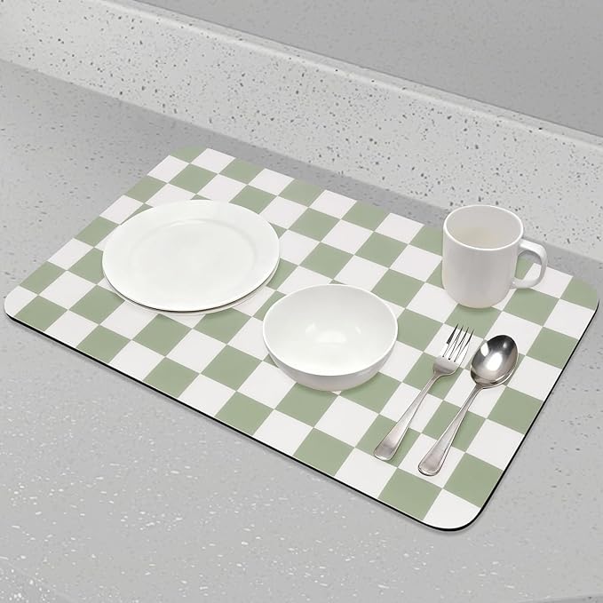 CooRug Checkered Dish Drying Mat for Kitchen Counter, Absorbent Non-Slip Coffee Mat, Heat Resistant Mat for Countertops Coffee Bar Decor 16" x 24" Green