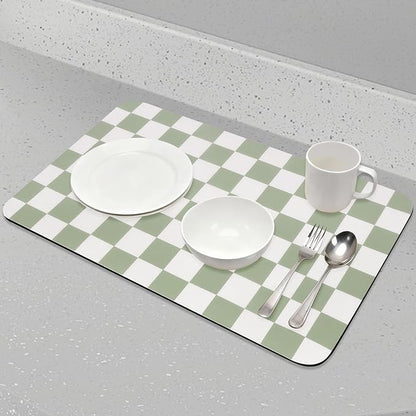 CooRug Checkered Dish Drying Mat for Kitchen Counter, Absorbent Non-Slip Coffee Mat, Heat Resistant Mat for Countertops Coffee Bar Decor 16" x 24" Green