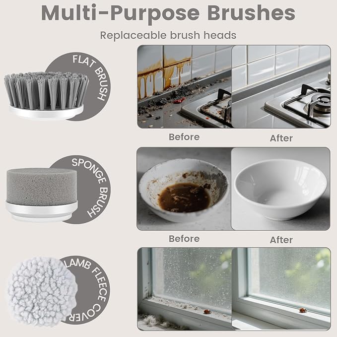 Electric Spin Scrubber, Cordless Bathroom Cleaning Brush IPX6 Waterproof with 6 Replaceable Heads, Power Scrubber for Bathtub, Tiles, Car Wash, Kitchen & Multi-Surface Home Cleaning