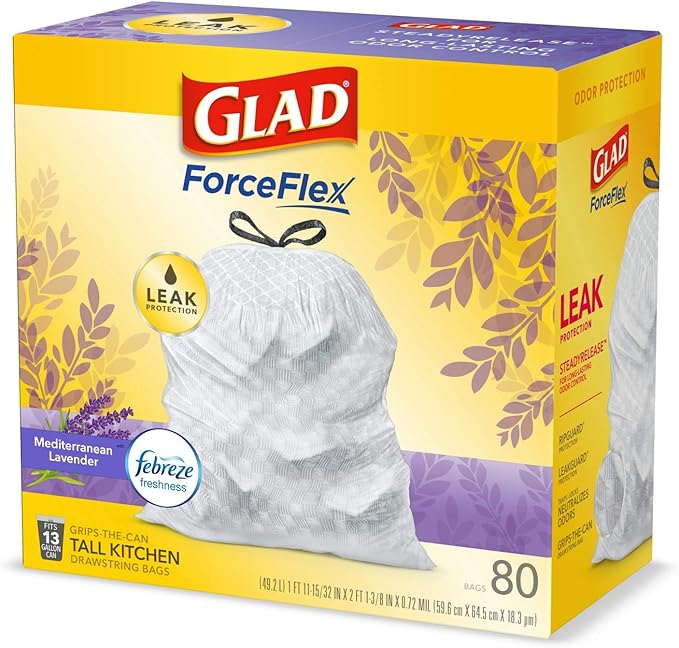 Glad ForceFlex Tall Kitchen Trash Bags, 13 Gallon, Gain Lavender, 80 Count (Package May Vary)