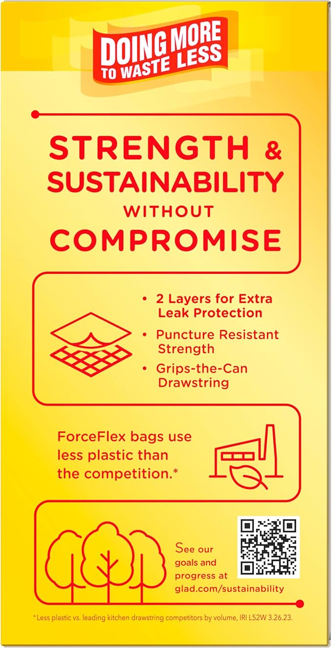 Glad ForceFlex Trash Bags 13 Gallon Gain Lemon Zest | Tall Kitchen | Drawstring | Dual Layer Protection | 40 Count, Pack of 6