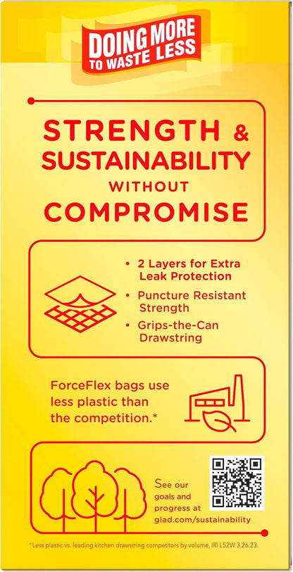 Glad ForceFlex Trash Bags 13 Gallon Gain Lemon Zest | Tall Kitchen | Drawstring | Dual Layer Protection | 40 Count, Pack of 6