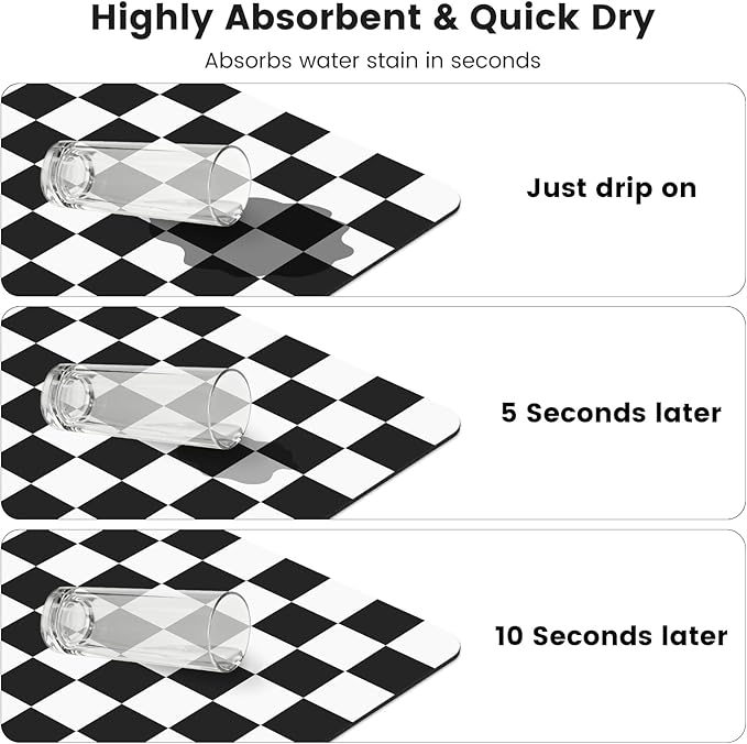 16" x 24" Checkered Dish Drying Mat for Kitchen Counter, Absorbent Coffee Bar Mat for Espresso Machine Coffee Countertops Accessories (Black)