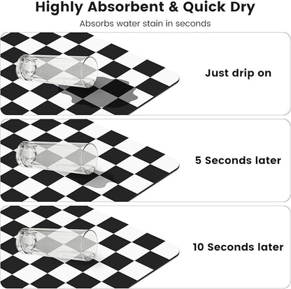 12" x 20" Checkered Dish Drying Mat for Kitchen Counter, Absorbent Coffee Bar Mat for Espresso Machine Coffee Countertops Accessories (Black)