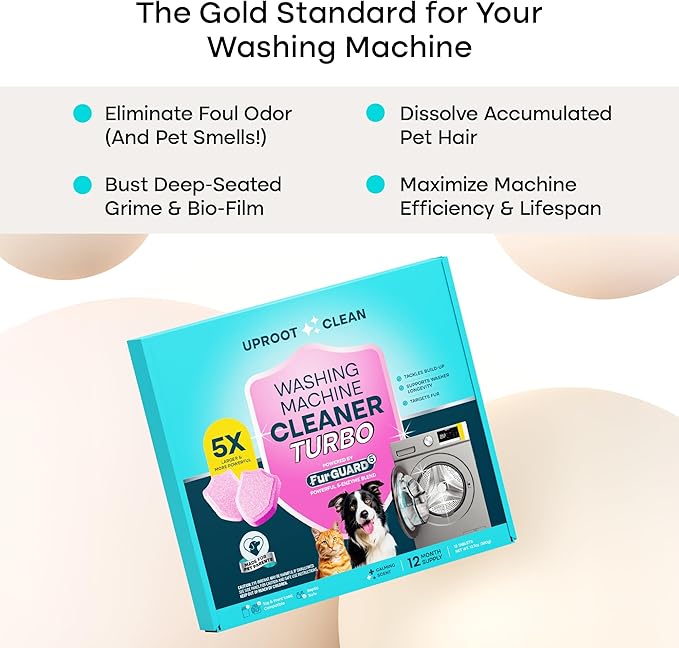 Uproot Clean Washing Machine Cleaner Tablets Turbo - 5x Stronger - 12 Pack for a 12 Month Supply - 5 Enzyme Formula Designed for Pet Owners - Fur, Grime & Odors - Compatible with HE, Top & Front Load