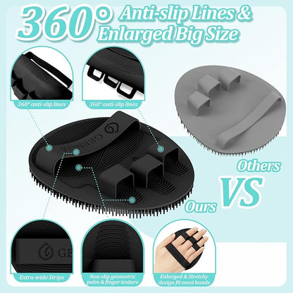 Silicone Back Scrubber & Soft Bath Glove 2PCS, 16''- 24'' Extendable Shower Scrubber with Dual-Side Head, 360° Anti-Slip & Hand-fit Silicone Body Scrubber for Rich Foaming Deep Cleaning(Black)