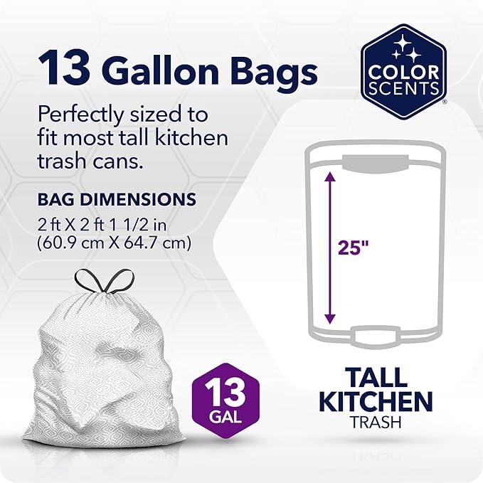 Color Scents Tall Kitchen Trash Bags - 13 Gallon, 20 Bags (1 Pack of 20 Bags), Drawstring - Silver bag in Simply Clean Scent with Microban