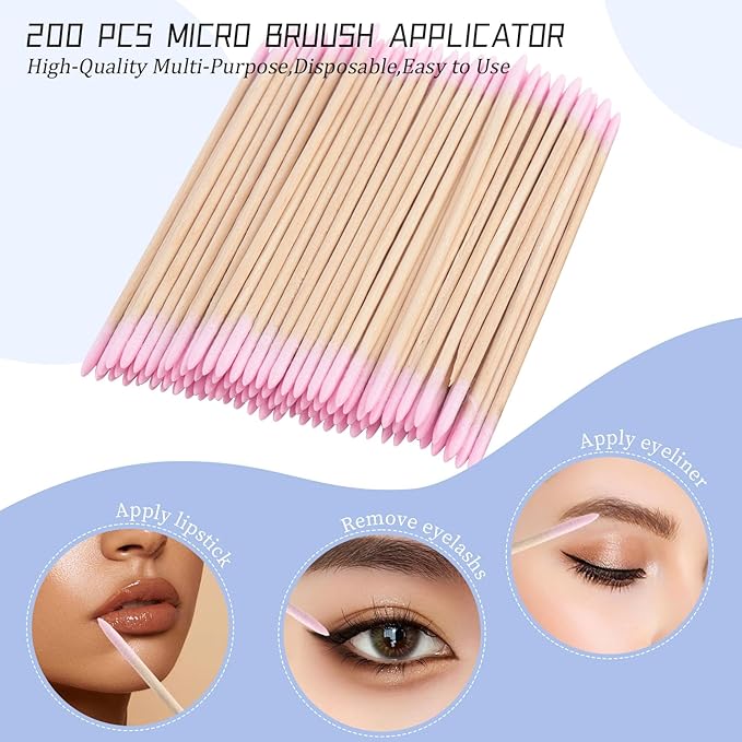 300 pcs Eyelash Extension Supply Kits 200pcs Disposable Double pointed head Wooden Micro Brush 50pcs Eyebrow Lash Spoolie 50pcs Lip Brush Mascara Wand Applicator Makeup Tools (Bamboo pink kits)
