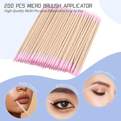 300 pcs Eyelash Extension Supply Kits 200pcs Disposable Double pointed head Wooden Micro Brush 50pcs Eyebrow Lash Spoolie 50pcs Lip Brush Mascara Wand Applicator Makeup Tools (Bamboo pink kits)