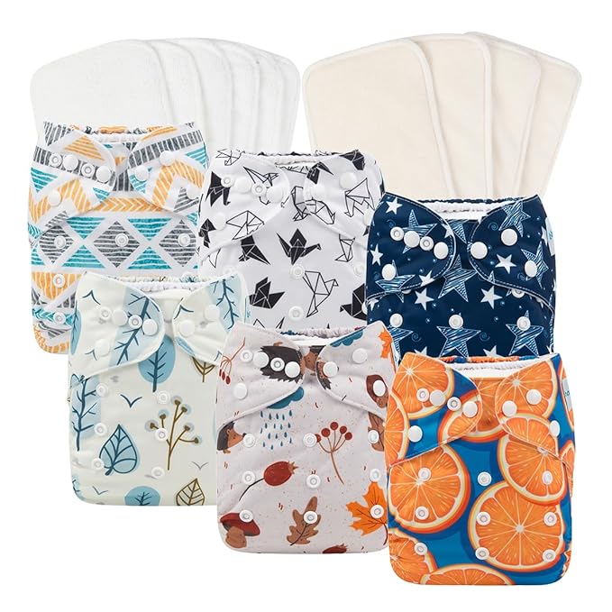 Babygoal Baby Reusable Neutral Cloth Diapers 6 Pack with 10pcs Inserts, One Size Adjustable Washable Pocket Nappy Covers for Baby Boys and Girls
