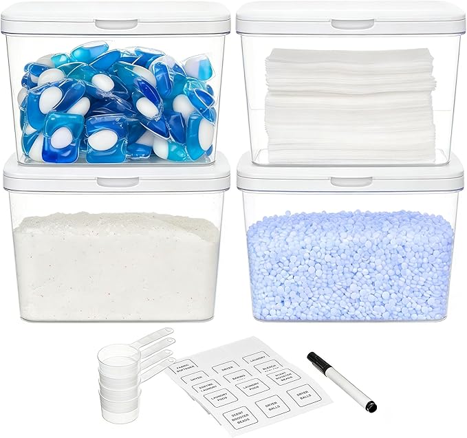 Vtopmart 5 Pack Laundry Pods Container and Dryer Sheet Holder, Detergent Powder Container with Lids &Labels & Scoop for Laundry Room Organization, Laundry Storage for Powder, Pods, Scent Booster Beads