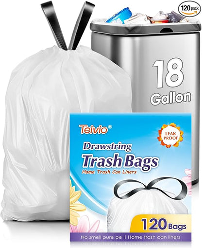 18 Gallon 120 Counts Strong Drawstring Trash Bags Garbage Bags by Teivio, Bathroom Trash Can Bin Liners, Plastic Bags for home office kitchen, White