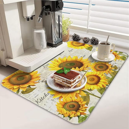 Dish Drying Mat for Kitchen Counter 2 Pack with Non-Slip Rubber Backing - Heat-Resistant Absorbent Coffee Bar Mat, Dish Rack Mat, Sunflower Dish Drying Mats 18x24+19.5x12 inch