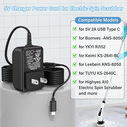 5V USB C Electric Spin Scrubber Charger Replacement Fit for YKYI, for Bomves Cordless Cleaning Brush, Power Cord AC Adapter for Keimi, for Leebein, for Highyes, for TUYU Power Shower Cleaner Scrubber