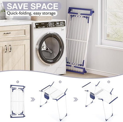 APEXCHASER Clothes Drying Rack - Foldable Laundry Rack Indoor Outdoor, Gullwing Drying Rack Clothing with 10pcs Clips + Bag, Collapsible Space-Saving Clothes Rack for Drying Towels Dolls, White