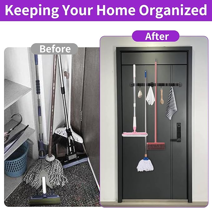 Magnetic Broom Holder Wall Mount - Heavy Duty Non-Slip Mop Hanger with 4 Hooks And 5 Rack, No Drill Tool Organizer for Refrigerator,Garage,Laundry Room (Black, 5Racks 4Hooks)