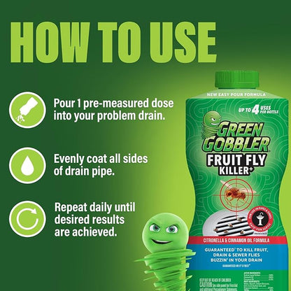 Green Gobbler Fruit Fly Killer+ - Kills Fruit Flies, Drain Flies & Sewer Flies, Gel Treatment for Use in Sinks & Pipes - Safe for Septic Systems, 32oz