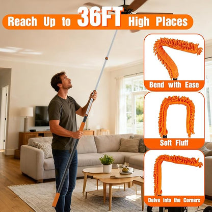 36FT Reach High Ceiling Duster Kit, Window Cleaning kit with 7-30FT Extension Pole, Fan Duster for Ceiling Fan Blades, Microfiber Feather Duster, Rotatable Window Squeegee and Cobweb Duster
