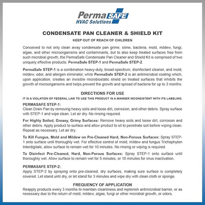 PermaSafe HVAC Solutions, Condensate Pan Cleaner & Shield Kit, HD Disinfectant Cleaner, Odor, Allergen, Mold and Mildew Eliminator, and Long-Term Antimicrobial Shield.