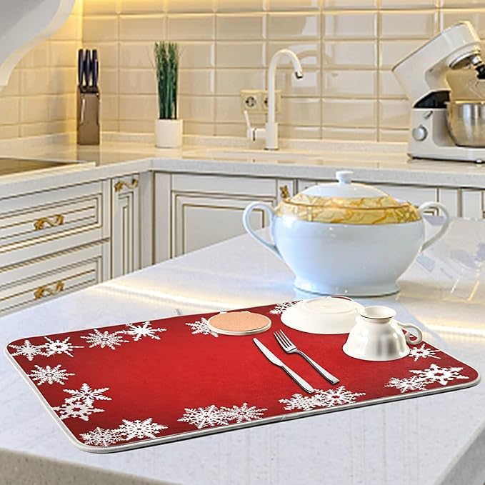 Super Absorbent Dish Drying Mat, Microfiber Fast-Drying Dish Mat, 16" x 18", Kitchen Dish Drying Pad, Watercolor Cute (Christmas Snowflake Abstract)