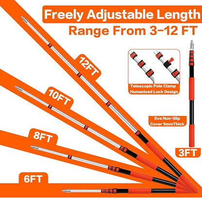 20FT High Reach Duster Cleaning Kit with 3-12 FTExtension Pole, High Ceiling Fan Cleaner Duster Tool for Fan Blades, Extendable Reusable Cobweb, Feather, Window Cleaning Squeegee Kit (12FT)