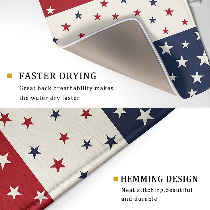 Blue Red White Star July of 4th Patriotic Dish Drying Mat for Kitchen Counter 18x24 Independence Day Absorbent Reversible Microfiber Drying Mats Kitchen Countertop Protector Dishes Drainer Rack Pad