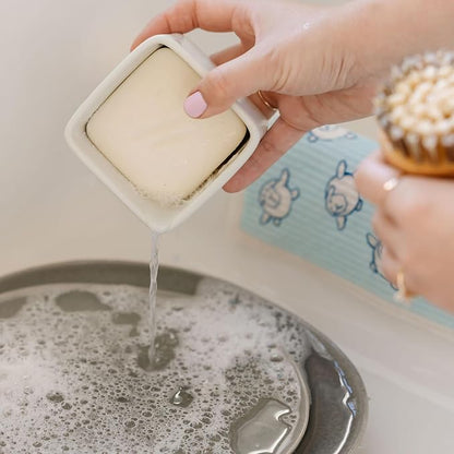 Nellie's Dish Butter - Zero-Waste Alternative to Liquid Dish Soap with Reusable Ceramic Container (White) - Light Lemongrass Scent - Plastic-Free Dishwashing - (Made in Canada)