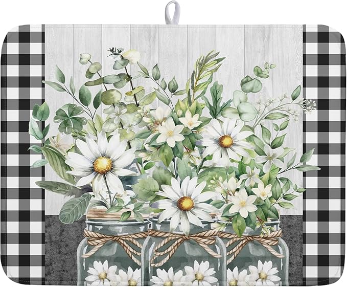 Spring Daisy Floral Dish Drying Mat for Kitchen Counter Watercolor Flowers Absorbent Dishes Drainer Rack Mat 18x24 Inch Microfiber Dish Drying Pads Spring Kitchen Drying Dishes Pad for Countertops