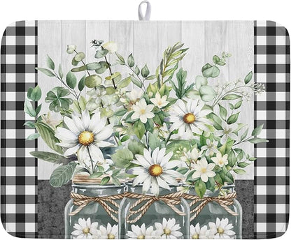 Spring Daisy Floral Dish Drying Mat for Kitchen Counter Watercolor Flowers Absorbent Dishes Drainer Rack Mat 18x24 Inch Microfiber Dish Drying Pads Spring Kitchen Drying Dishes Pad for Countertops