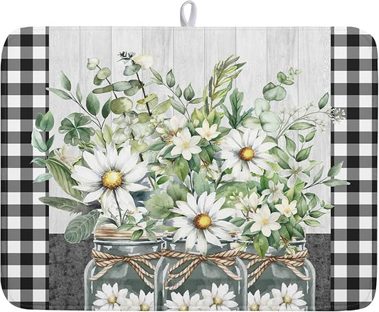 Spring Daisy Floral Dish Drying Mat for Kitchen Counter Watercolor Flowers Absorbent Dishes Drainer Rack Mat 18x24 Inch Microfiber Dish Drying Pads Spring Kitchen Drying Dishes Pad for Countertops