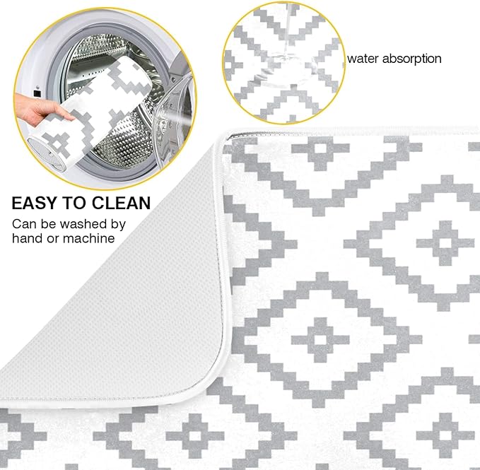 Super Absorbent Dish Drying Mat, Microfiber Fast-Drying Dish Mat, 24" x 18, Kitchen Dish Drying Pad, White Moroccan Rhombus Plaid