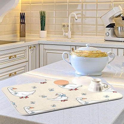 Goose Blue Hearts and A Bow Dish Drying Mat for Kitchen Counter 18x24 inch Super Absorbent Drying Mat Large Dish Drying Mats for Kitchen Countertop Protector Dishes Pad