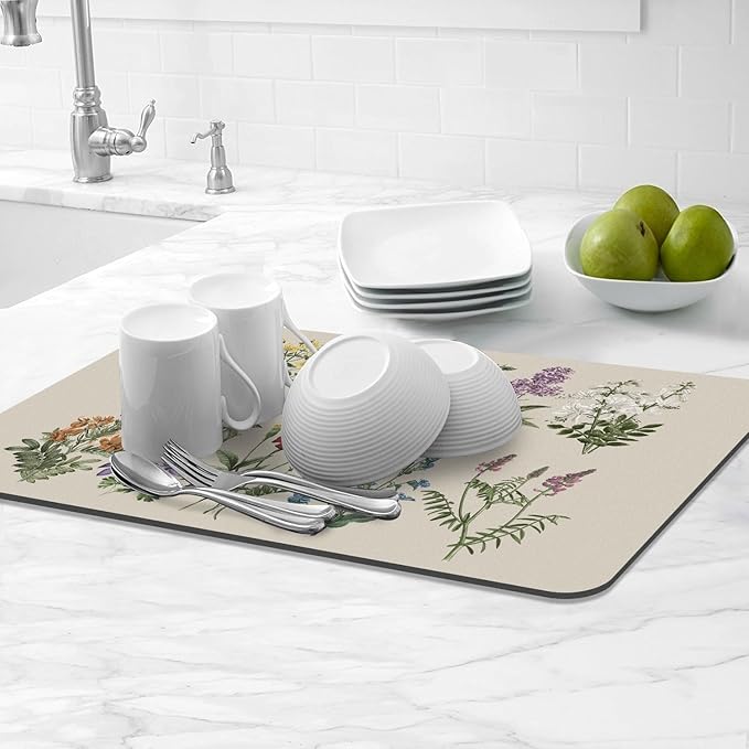 LOKHOM Dish Drying Mat for Kitchen Counter, 12"x20" Absorbent Coffee Bar Mat with Vintage Sage Flower Herbs, Dish Drainer Rack Mat for Kitchen Counter