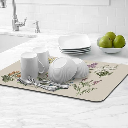 LOKHOM Dish Drying Mat for Kitchen Counter, 12"x20" Absorbent Coffee Bar Mat with Vintage Sage Flower Herbs, Dish Drainer Rack Mat for Kitchen Counter
