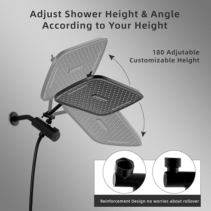 12" Rain Shower Head with Handheld Spray, Rainfall Shower Head with Handheld Combo, 11" Stainless Steel Extension Arm with Height & Angle Adjustable High Pressure Showerheads, Matte Black